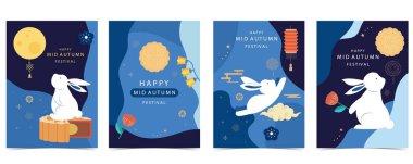 Sonbahar ortası festivali arka planında tavşan, ay pastası, ay .vektörü a4 dikey tasarımı