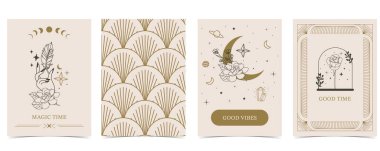 Tarot stili ve deco çerçeveli Boho davetiyesi. a4 dikey tasarım için mistik