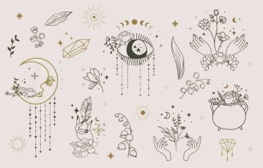 Çiçekli, güllü, nilüferli, güneşli, aylı Boho Mistik çizgisi simgesi