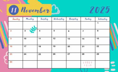 2025 masa Kasım takvim haftası yatay yazdırılabilir yazıcı tasarımı için safari tarzıyla Pazar günü başlıyor