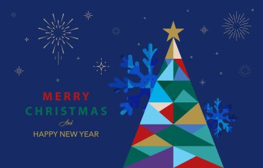 Yatay tasarım için geometrik biçimli mavi gece Noel festivali afişi.