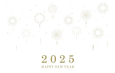 Havai fişek mutlu yeni yıl beyaz arka planda altın çizgisi ile. Yatay tasarım için düzenlenebilir vektör çizimi