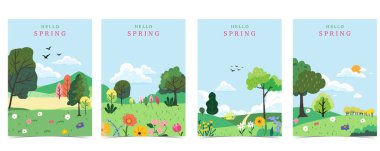 A4 dikey tasarım için dağ ve ağaç içeren bahar manzarası