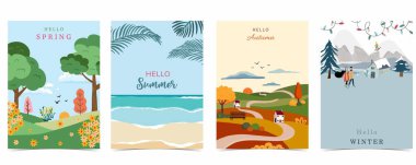 A4 dikey tasarım için ağaç ve dağ manzaralı dört sezonluk tatil manzarası