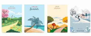 A4 dikey tasarım için ağaç ve dağ manzaralı dört sezonluk tatil manzarası
