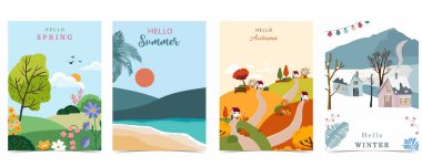 A4 dikey tasarım için ağaç ve dağ manzaralı dört sezonluk tatil manzarası