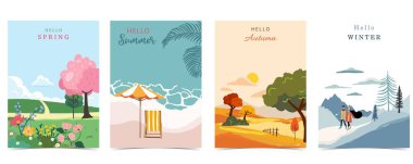 A4 dikey tasarım için ağaç ve dağ manzaralı dört sezonluk tatil manzarası