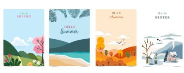 A4 dikey tasarım için ağaç ve dağ manzaralı dört sezonluk tatil manzarası
