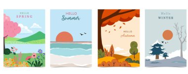 A4 dikey tasarım için ağaç ve dağ manzaralı dört sezonluk tatil manzarası
