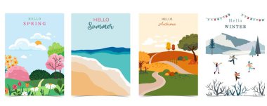 A4 dikey tasarım için ağaç ve dağ manzaralı dört sezonluk tatil manzarası