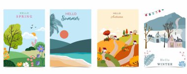 A4 dikey tasarım için ağaç ve dağ manzaralı dört sezonluk tatil manzarası