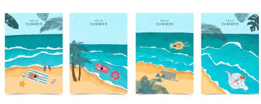 İnsanlar, sahil ve kum tanecikli yaz manzarası dikey a4 tasarımı için