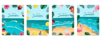 Merhaba yaz arkaplanı, palmiye yaprakları, kavun, çiçek, a4 dikey tasarım için dondurma çerçevesi