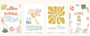 Deniz kabuğu, kadın ve güneş ile yaz havası. a4 dikey tasarımı için grafik