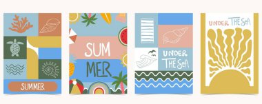 Deniz kabuğu, kaplumbağa ve dalga ile yaz geometrik arka plan. a4 dikey tasarımı için grafik