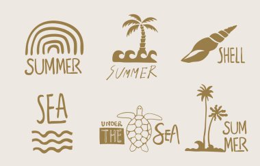 Deniz, deniz, dalga, ağaç, çocuk tasarımı için balık kuyruğu olan yaz altın ikonu