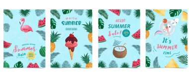 Merhaba, palmiye yaprakları, karpuz ve ananas çerçeveli yaz arkaplanı a4 dikey tasarımı.