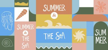 Deniz anası kabuklu yaz geometrik afişi. Yatay tasarım için grafik