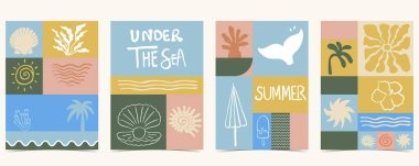 Deniz kabuğu, çiçek ve balık kuyruklu yaz geometrik arka planı. a4 dikey tasarımı için grafik