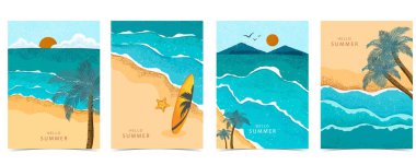 yaz manzarası arka planında plaj ve kum tanecikleri dikey a4 tasarımı için