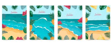 Merhaba, palmiye yaprakları, karpuz ve ananas çerçeveli yaz arkaplanı a4 dikey tasarımı.