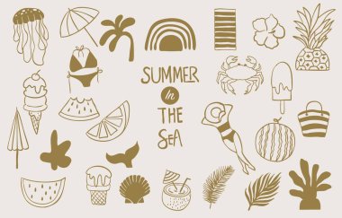 Deniz, deniz, dalga, ağaç, çocuk tasarımı için balık kuyruğu olan yaz altın ikonu