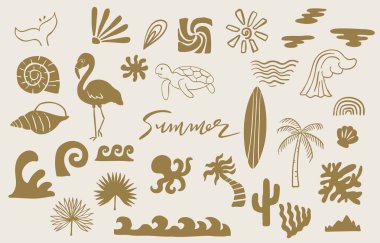 Deniz, deniz, dalga, ağaç, çocuk tasarımı için balık kuyruğu olan yaz altın ikonu