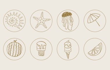 Deniz kabuğu, dondurma, şemsiye, çocuk tasarımı için limon içeren yaz altın ikonu