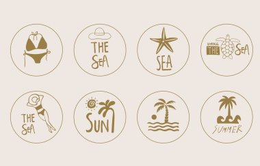 Deniz yıldızı, hindistancevizi ağacı, çocuk tasarımı için plaj içeren yaz altın ikonu