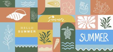 Deniz kabuğu, kaplumbağa ve balık kuyruklu yaz geometrik afişi. Yatay tasarım için grafik