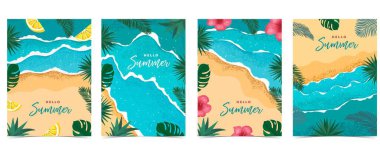 Merhaba yaz arkaplanı, palmiye yaprakları, karpuz, a4 dikey tasarım için çiçek çerçevesi