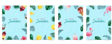 Palmiye yaprakları, limon, flamingo ve a4 dikey tasarım için çiçek çerçeveli yaz arkaplanı.