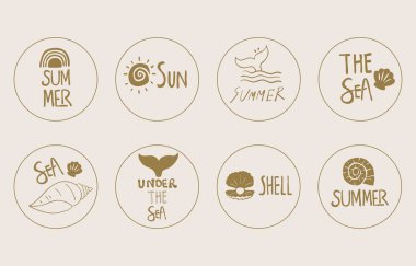 Deniz kabuğu, güneş, balık kuyruğu, çocuk tasarımı için gökkuşağı olan yaz altın ikonu