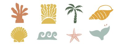 Deniz kabuğu, güneş, dalga, kuyruk balığı, ağaç