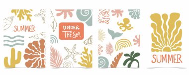 Deniz kabuğu, güneş, gökkuşağı, dikey A4 tasarımı için ağaç içeren şirin yaz arkaplanı