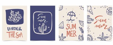 Deniz kabuğu, mercan ve dikey A4 tasarımı için ağaç içeren şirin karalama yaz arkaplanı