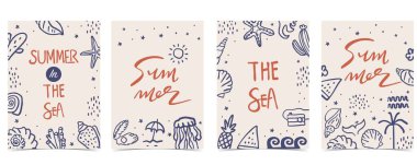 Deniz kabuğu, mercan ve dikey A4 tasarımı için ağaç içeren şirin karalama yaz arkaplanı