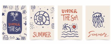 Deniz kabuğu, mercan ve dikey A4 tasarımı için ağaç içeren şirin karalama yaz arkaplanı