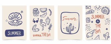 Deniz kabuğu, mercan ve dikey A4 tasarımı için ağaç içeren şirin karalama yaz arkaplanı