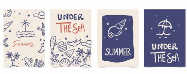 Deniz kabuğu, mercan ve dikey A4 tasarımı için ağaç içeren şirin karalama yaz arkaplanı