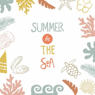 Kabuklu, güneşli, hindistan cevizi ağaçlı. Kare tasarımla denizde yaz