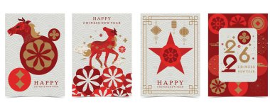 A4 dikey tasarımı için fener ve at ile Çin yeni yıl arka planı