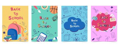 Okula çanta, hesap makinesi ve A4 dikey tasarımı için top ile ızgara arka planında dön