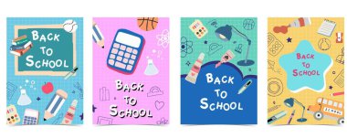 Okula A4 dikey tasarımı için tahta, hesap makinesi ve boya ile ızgara arkaplan üzerinde geri dön