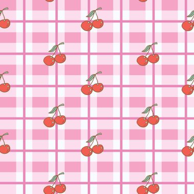 Çocuk coquette tasarımı için pembe gingham arka planda vişneli kusursuz desen