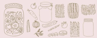 Pickle jar with cucumber,spring onion preserved vegetables doodle style.vector illustration for food desig