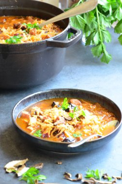 Geleneksel Polonya lahana çorbası, lahana turşulu, pastırmalı ve mantarlı Bigos.