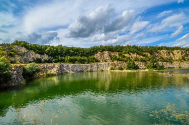 Ormanın ortasındaki nehrin dikey görüntüsü Mikulov, Czech.