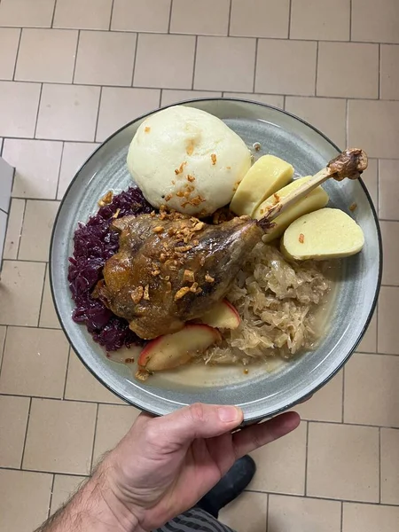 a closeup shot of a delicious food, czech food, goose, duck leg with cabage and dumplings