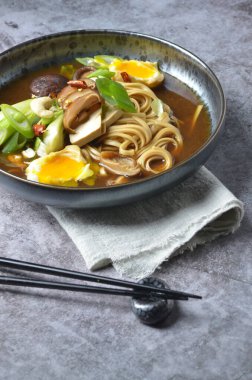 Kore eriştesi, tavuk ve sebzeler Kore kasesinde, yakın plan.